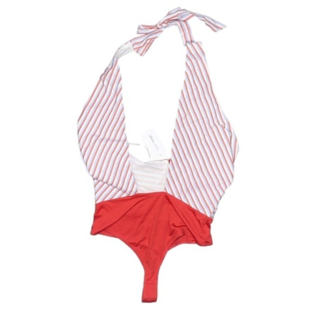 Lovers + Friends Striped Halter Plunge Bodysuit M Retro Colorblock NWT MSRP $148